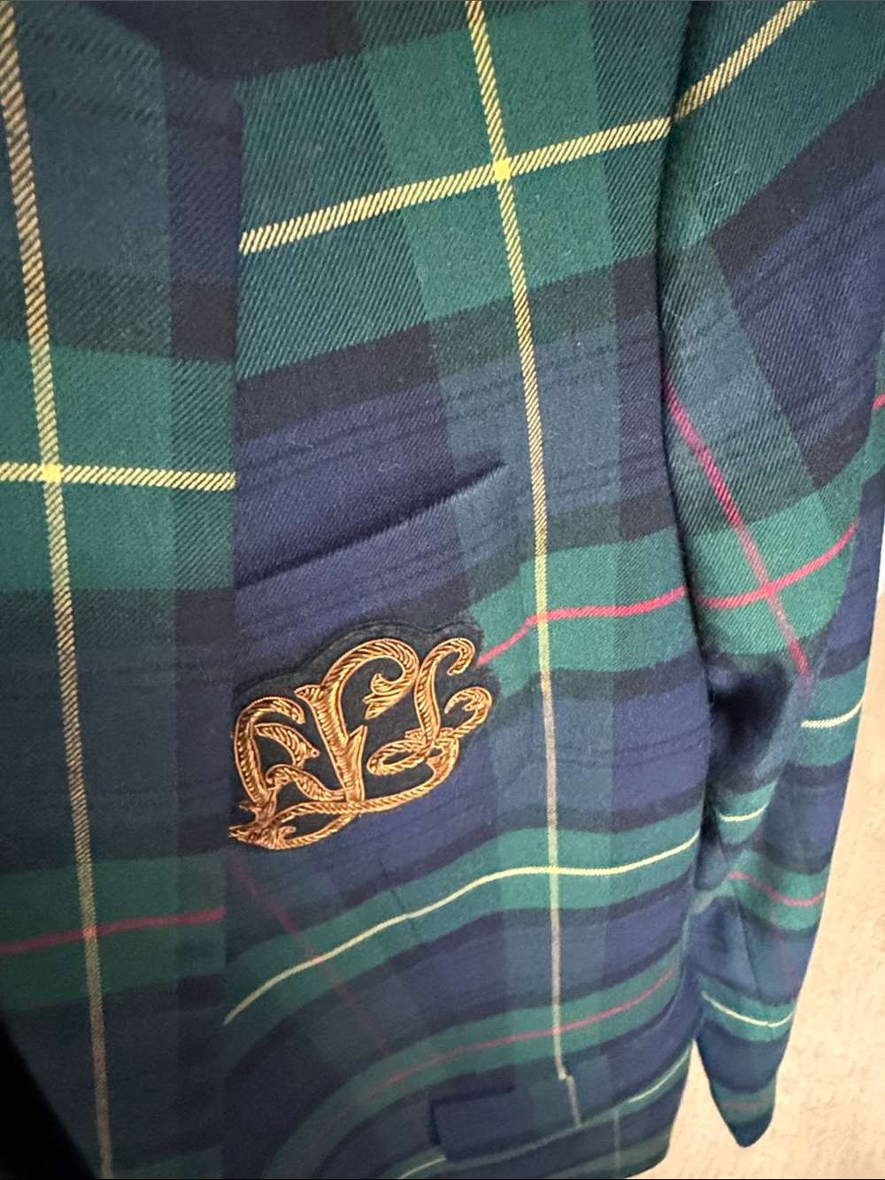 Lauren Ralph Lauren Navy & Green Plaid Tailored Blazer with Crest - Picture 15 of 17